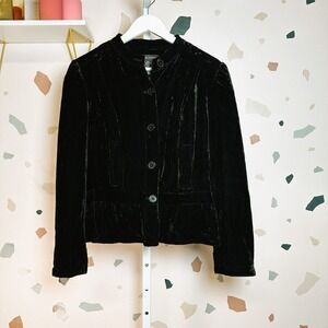NEW YORK & COMPANY Black Velvet Peplum‎ Mandarin Collar Button Front Jacket 14